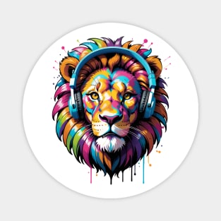 Vibrant Lion Groove: Colorful Majesty with Headphones Magnet